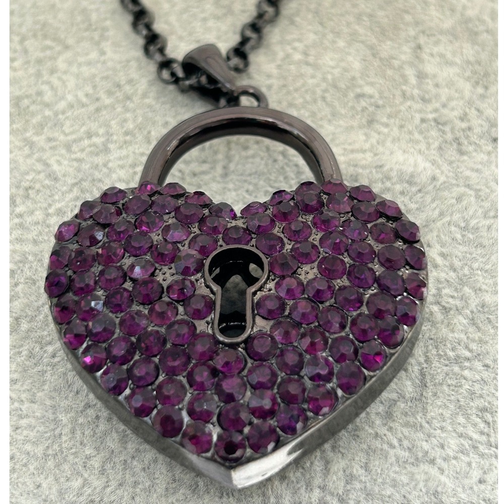 Heart Lock Pendant Necklace Purple‎ Rhinestone Gunmetal Chain Filigree Back